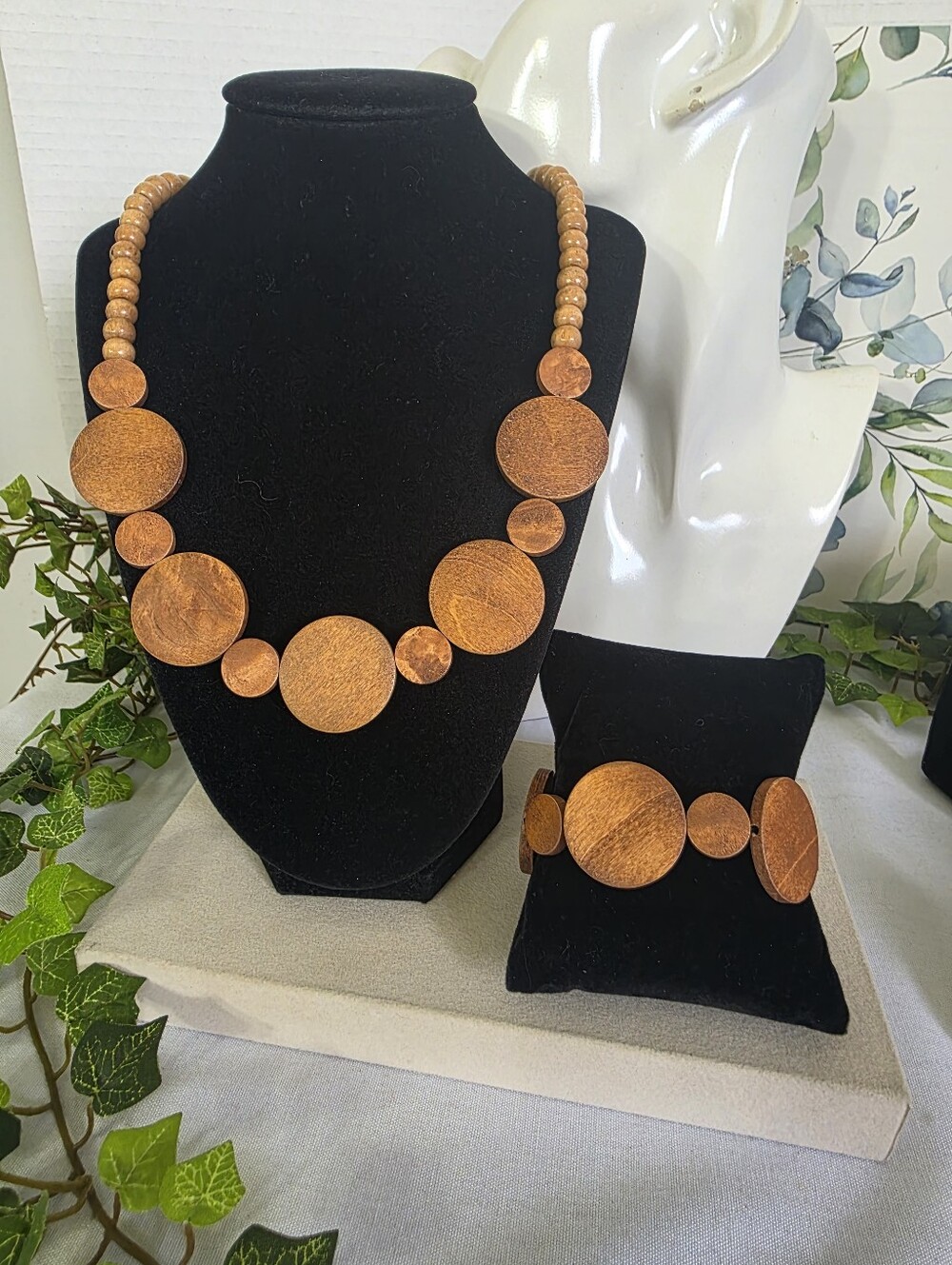 Natural Wood Disc Statement Necklace & Matching Stretch Bracelet Jewelry Set